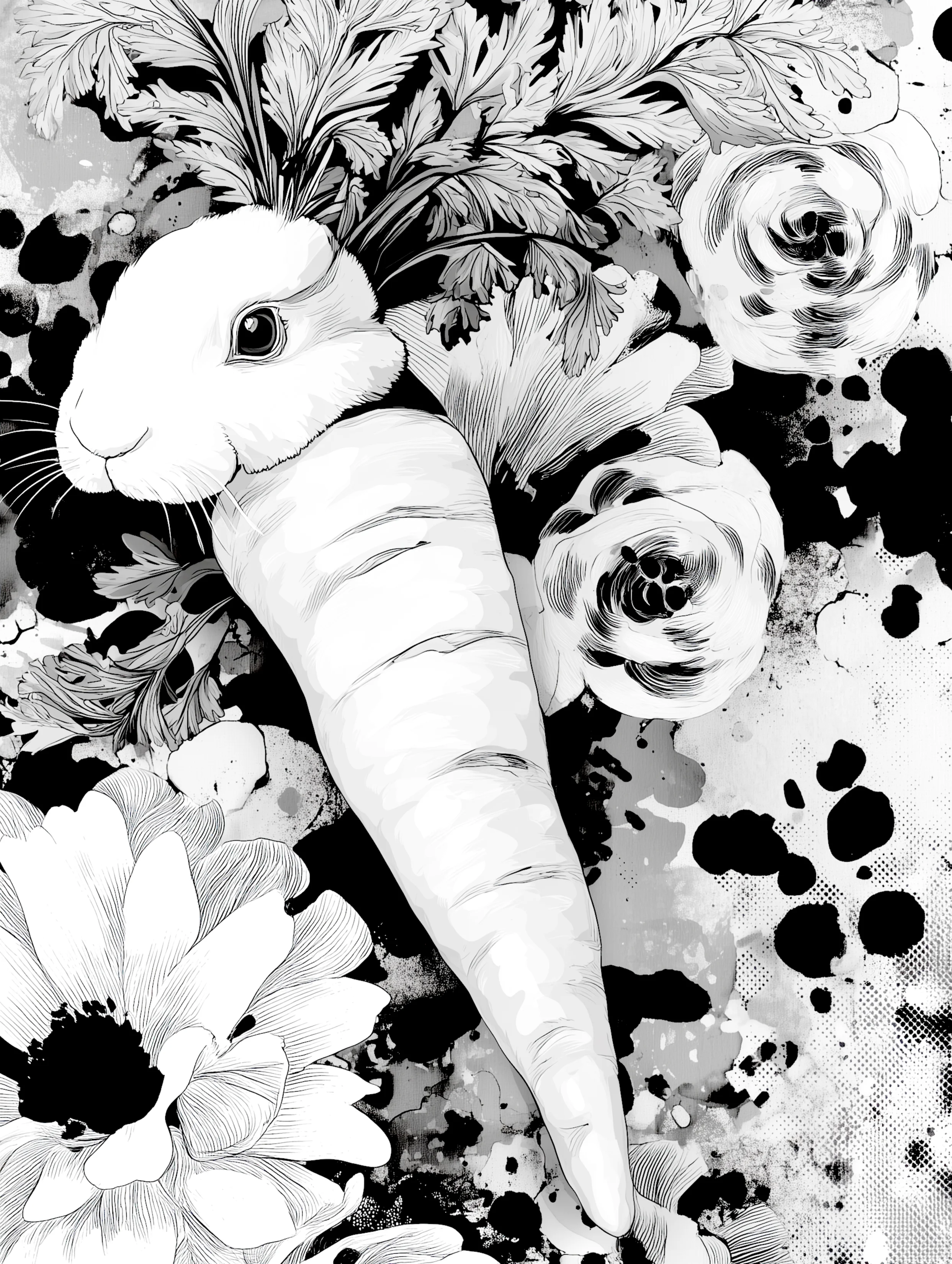 Free printable carrot coloring page for adults featuring bunny rabbit head on a carrot